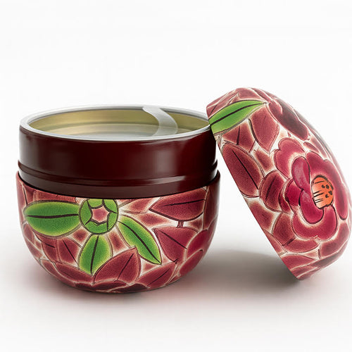 Boite japonaise couleur framboise fleurs vertes