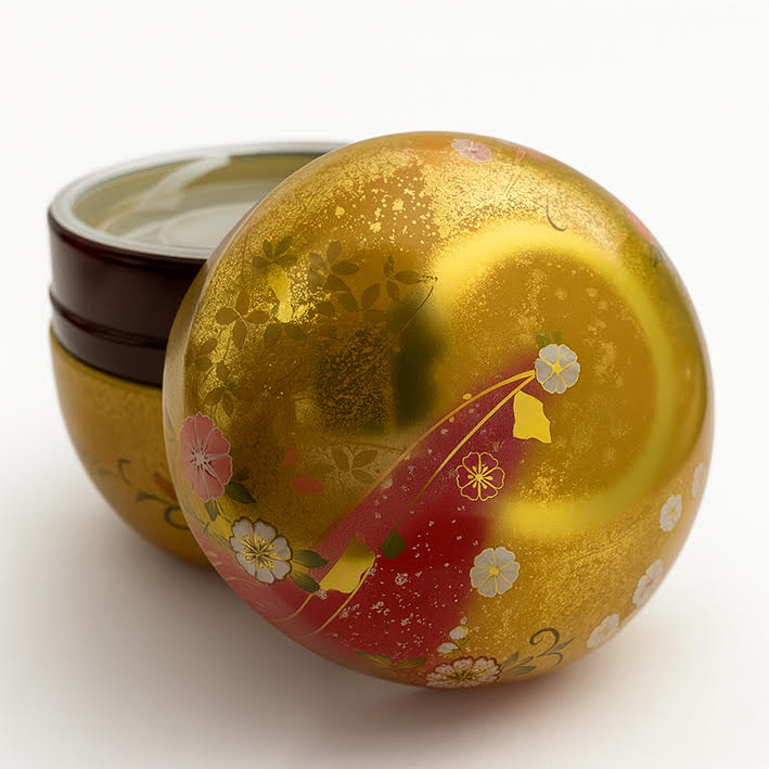 Boite japonaise rouge et dorée, fleurie